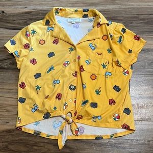 front tied cropped collared summer themed shirt